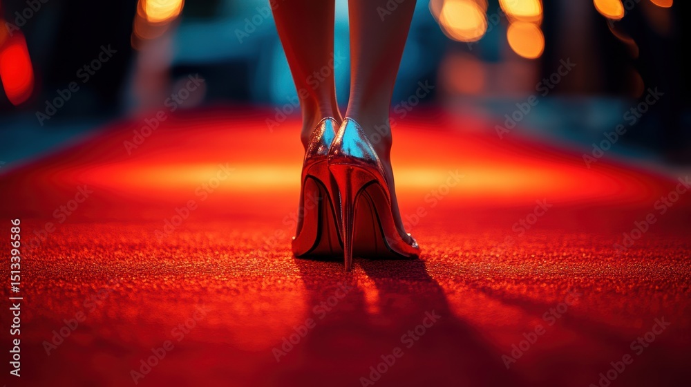 Fototapeta premium Sexy high heel stiletto shoes on red carpet,Catwalk of beautiful models outdoors,Woman wearing red high heels,open fashion show concept.