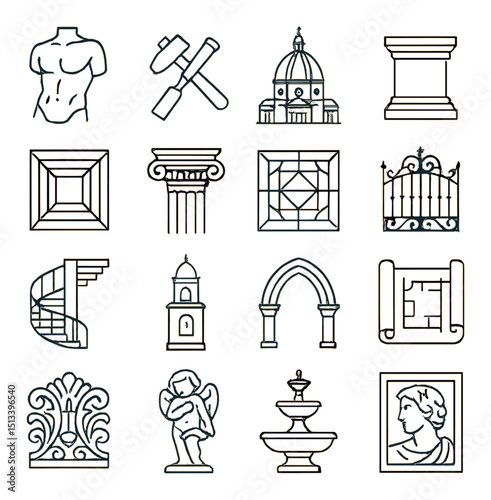 Architecture and design linear style icon collection. structures and historical elements set