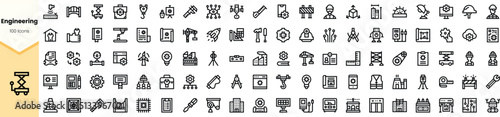 A collection of monochromatic engineering icons, showcasing various tools and concepts essential for engineering and design, including gears, schematics, and structures.