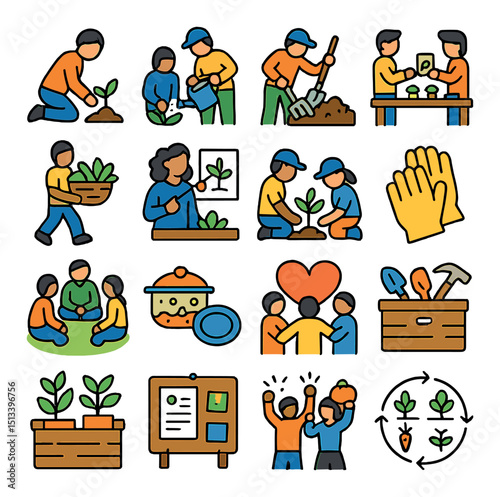 Gardening and agriculture flat icon collection. farming and planting symbols set