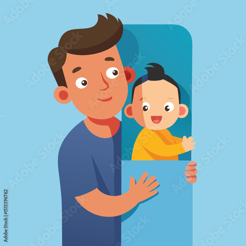 Dad Playing Peek a Boo with Baby Vector Illustration
