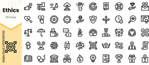 A collection of icons representing various ethical concepts, including justice, transparency, and community engagement, displayed in a minimalist black line style.