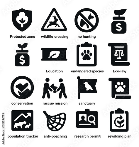 Wildlife conservation icon collection: flat, silhouette, nature protection symbols set