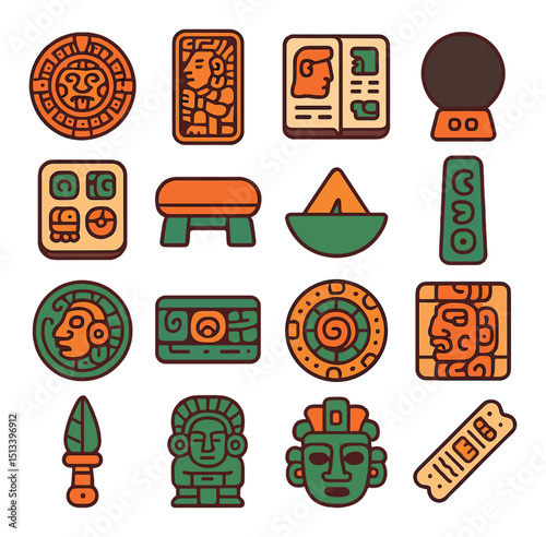 Mayan culture flat icon collection. ancient civilization, heritage symbols set