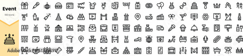 A diverse collection of event-themed icons featuring festive elements like cakes, balloons, and gifts, perfect for party planning and celebration themes.