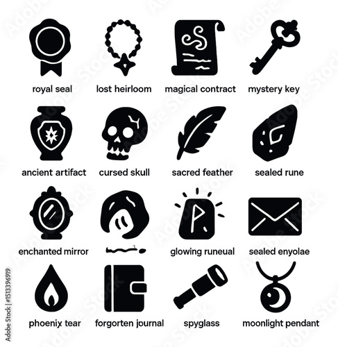 Mystical artifact silhouette icon collection: enchanted, magic, and ancient symbols