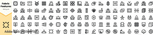 A collection of fabric feature icons, showcasing various designs and patterns. The icons are presented in a clean, minimalist style.