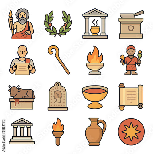 Ancient greece flat icon collection. historical, cultural and traditional symbols set
