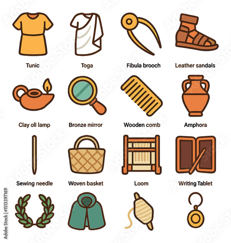Ancient rome icon collection: flat style, historical and classic design set