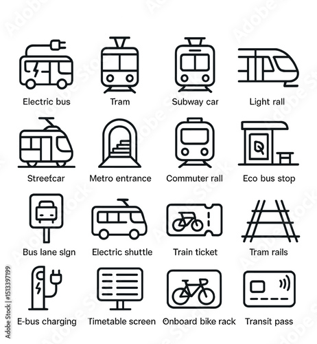 Transportation icon collection in linear style. public transit and commuter symbols