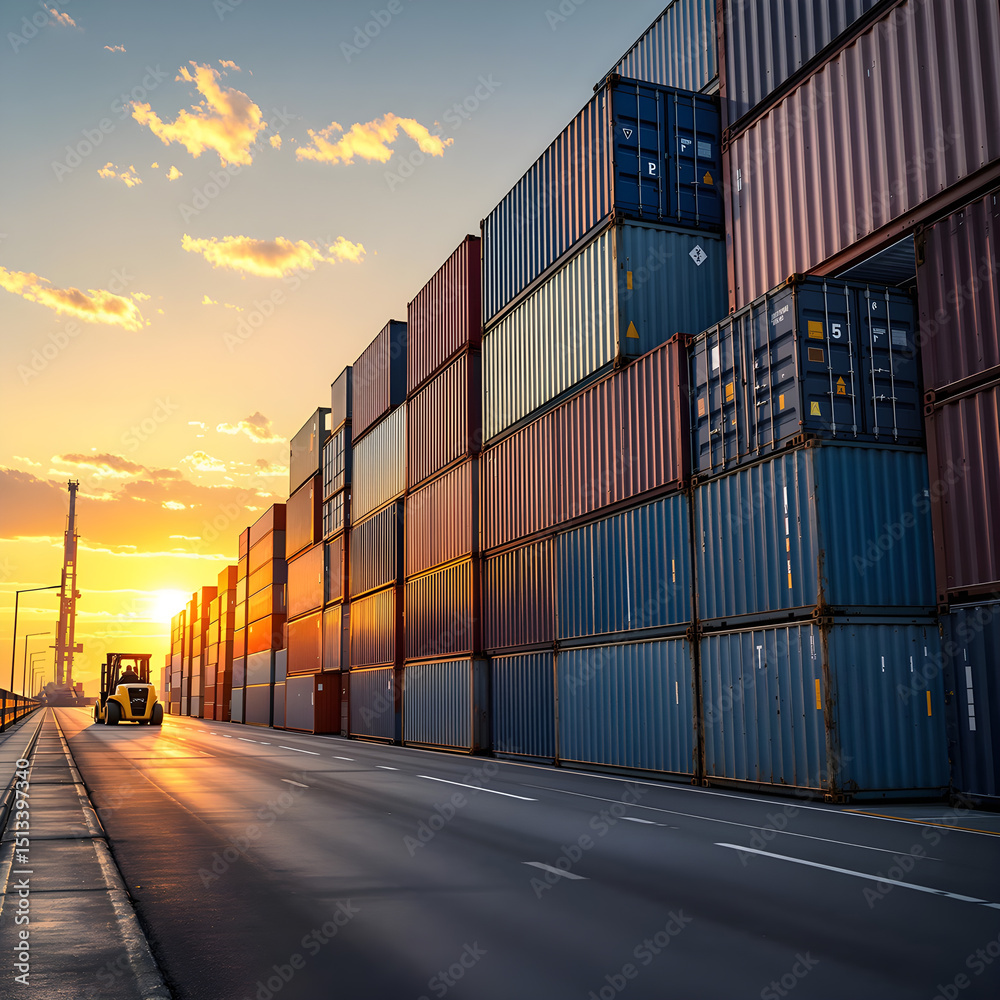 Fototapeta premium Shipping containers stacked high against sunset with distant forklift