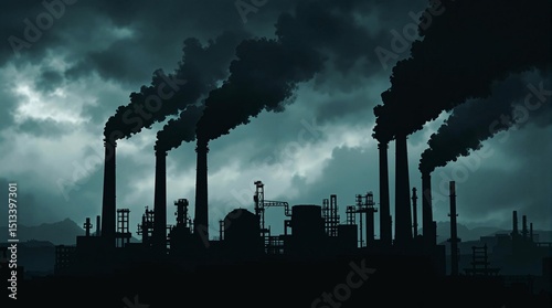 Factory smokestacks tower against a stormy sky filled with dark smoke