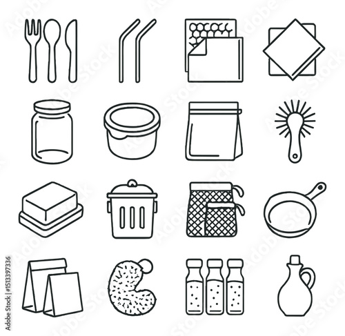 Kitchen essentials linear icon collection: utensils, storage, cooking tools set