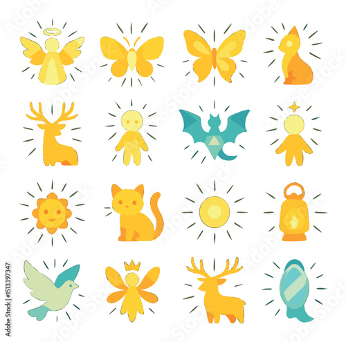 Fantasy-themed flat icon collection. magical, mythical, enchanted designs for creativity