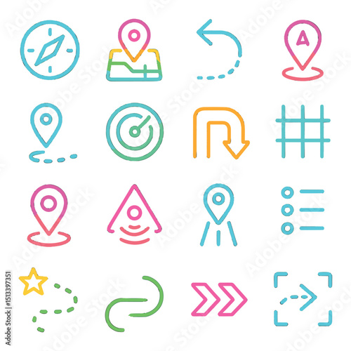 Neon glow linear icon collection for navigation and location. direction and mapping set