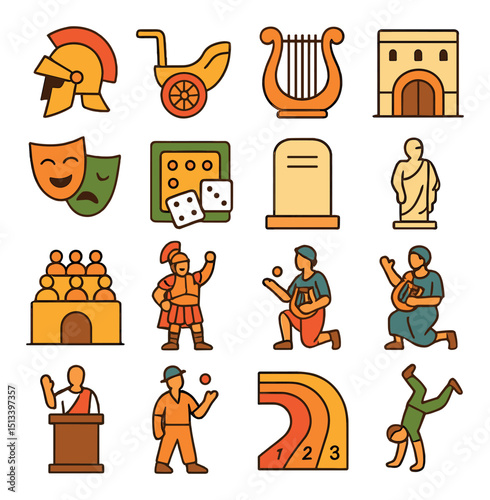 Ancient greece flat icon collection. classical symbols, mythology, history designs