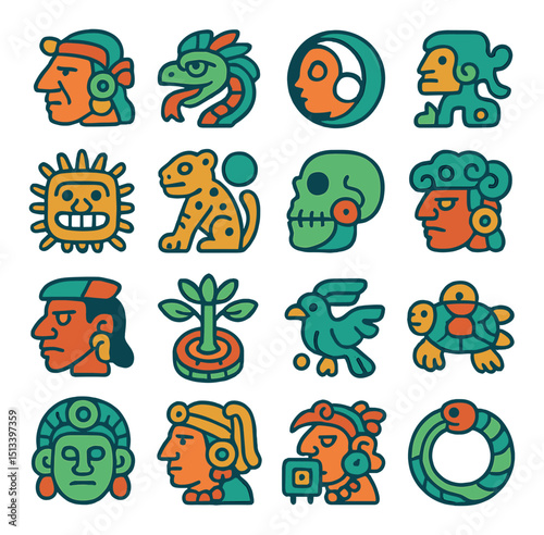 Aztec icon collection: flat style symbols for ancient culture, heritage, history themes