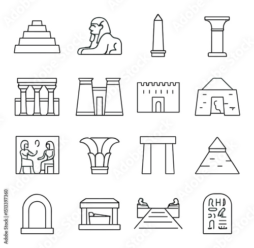 Ancient egypt linear style icon collection. historical and cultural symbol set