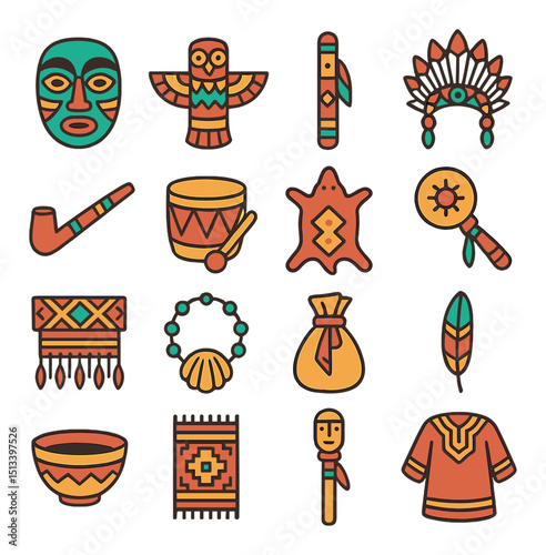 Native american culture flat icon collection. tribal and ethnic symbols set