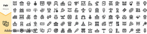 A diverse collection of fair-themed icons featuring various attractions and activities, designed in a cohesive black line art style.