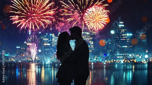 Romantic Fireworks Kiss: A silhouette of a couple shares a tender kiss beneath the dazzling spectacle of fireworks illuminating a city skyline, creating a magical moment of love and celebration.