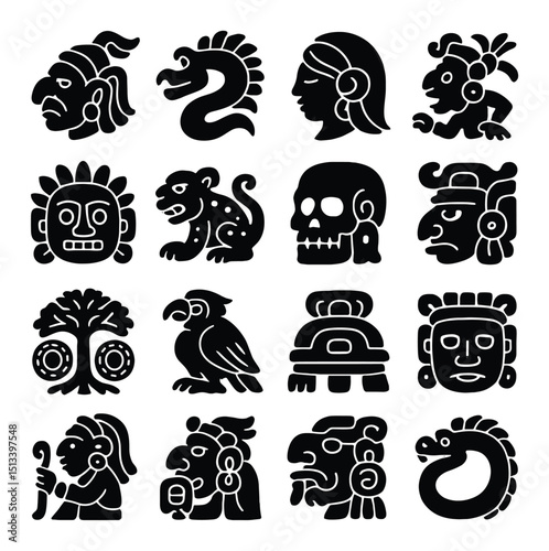 Ancient mayan art icon collection: silhouette style for history and culture enthusiasts