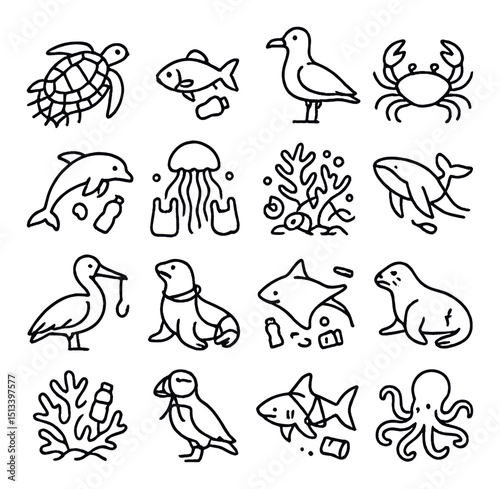 Marine life icon collection in linear style. ocean, wildlife, and aquatic designs set