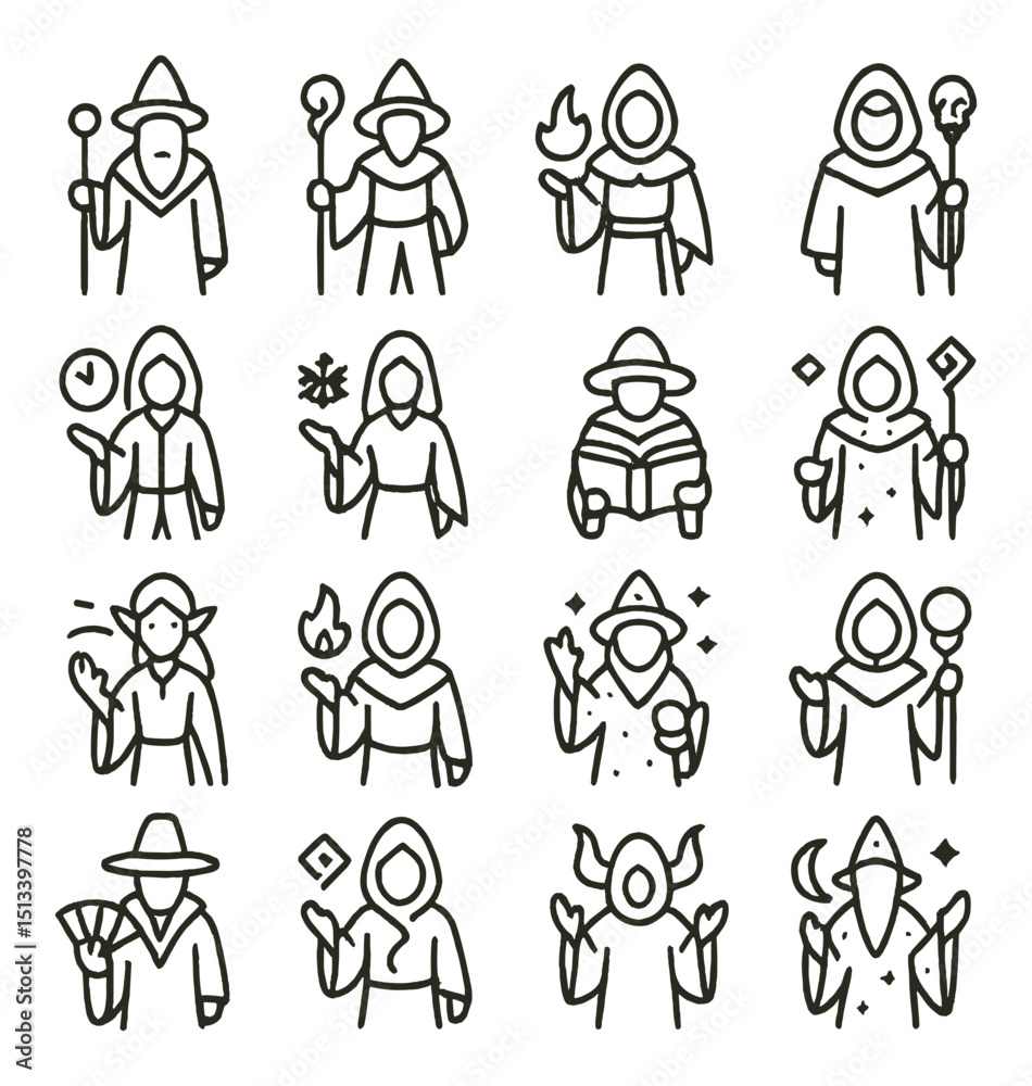 Naklejka premium Fantasy and magic linear icon collection. sorcery and wizardry themed designs