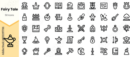 A vibrant collection of fairy tale-themed icons, featuring whimsical designs like crowns, wands, and enchanted objects, perfect for storytelling and creative projects.