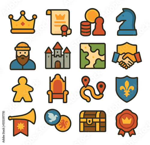 Board game flat icon collection. tabletop, gaming symbols and playing pieces set