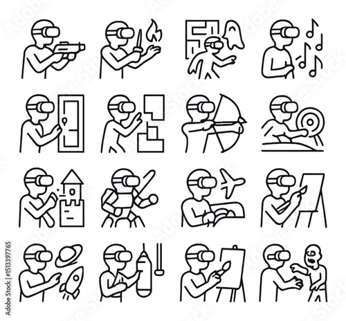 Virtual reality activities linear icon collection. vr gaming and simulation icons set