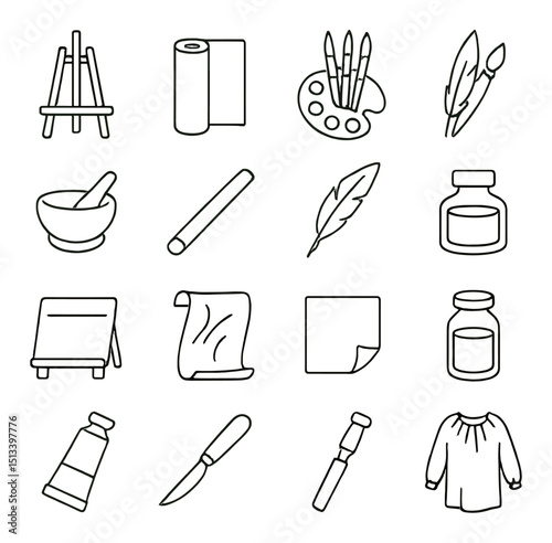 Art tools linear style icon collection. creative craft and design essentials set