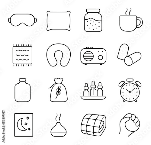 Sleep and relaxation icon collection: linear style, soothing and restful symbols set