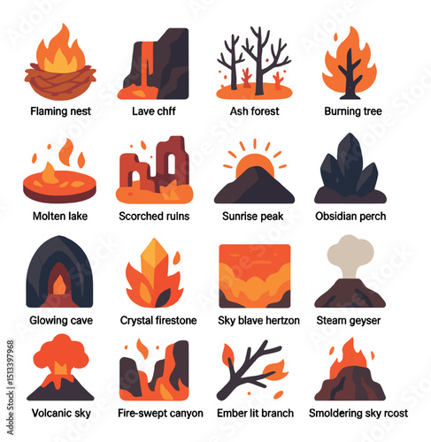 Fire and nature flat icon collection. flame, lava, and heat concept set