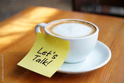 Cozy coffee cup with let's talk message on a yellow sticky note
