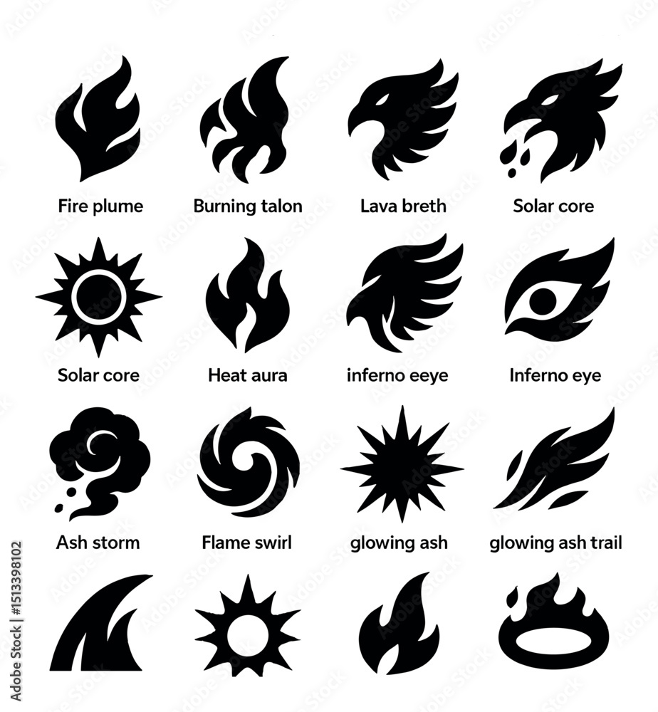 Obraz premium Fire and heat icon collection in silhouette style. flame, ash, solar symbols set