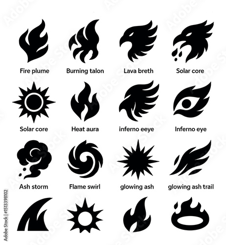 Fire and heat icon collection in silhouette style. flame, ash, solar symbols set