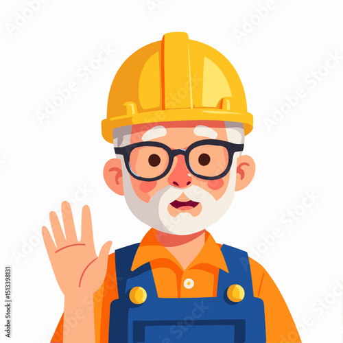 Elderly builder waving in vibrant flat vector design, friendly greeting