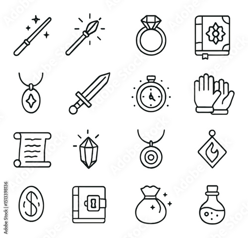 Fantasy magic linear icon collection. wizardry, medieval charms for mystical themes