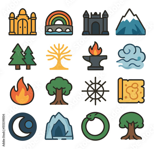 Nature and adventure icon collection in colorful linear style for outdoor exploration
