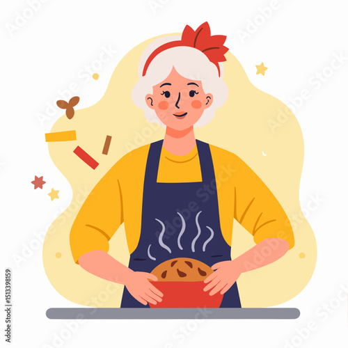 Elderly woman joyfully baking pie in modern kitchen, culinary delight