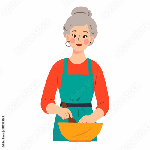 Elderly woman baking joyfully in kitchen, culinary creativity