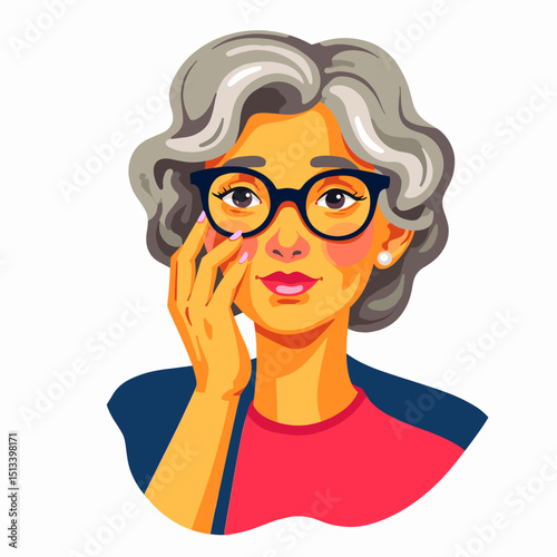 Nostalgic elderly woman gazing thoughtfully, vibrant vector art