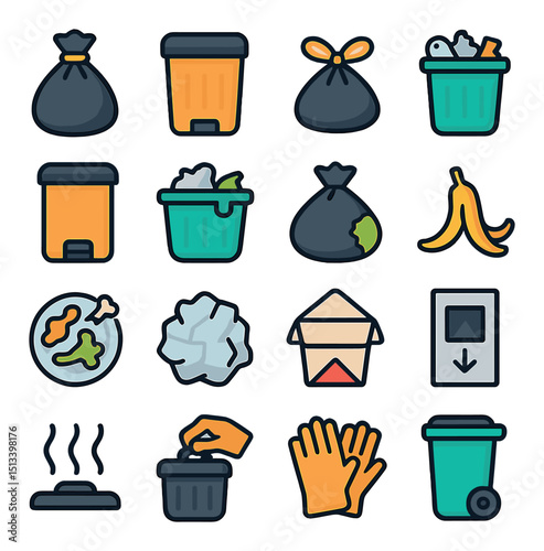 Waste management flat icon collection. recycling and garbage disposal symbols set