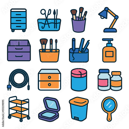 Home and office flat icon collection. organization, decoration, and essentials set