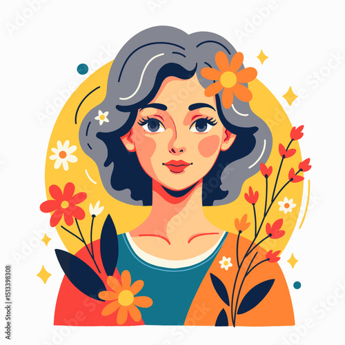 Senior woman with flowers smiling in vibrant vector design, joyfulness
