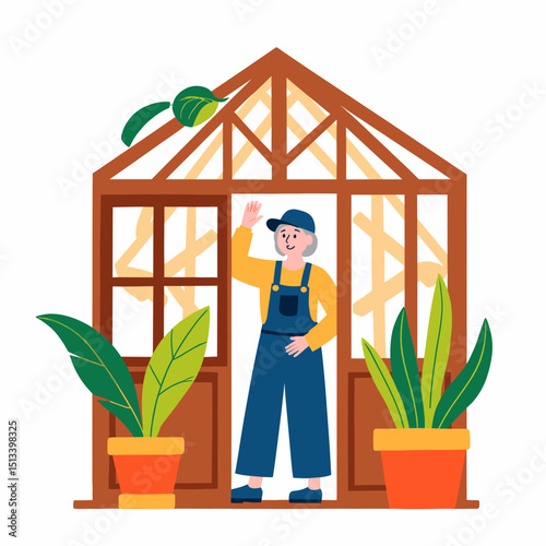 Elderly woman smiling in greenhouse with plants, joy of gardening