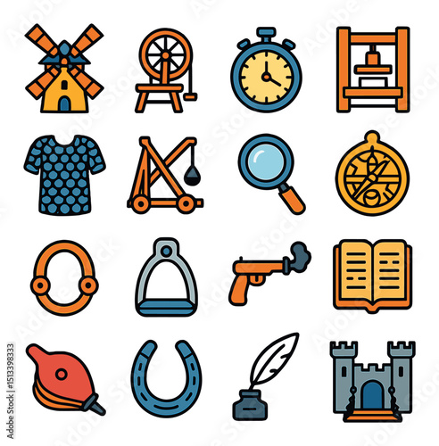 Medieval icon collection: flat style set for history, culture, and ancient themes