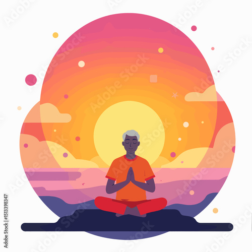 Elderly man meditating at sunrise, peaceful mindfulness