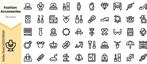 A diverse collection of fashion accessory icons, featuring jewelry, watches, handbags, and more, designed in a minimalist line-art style.